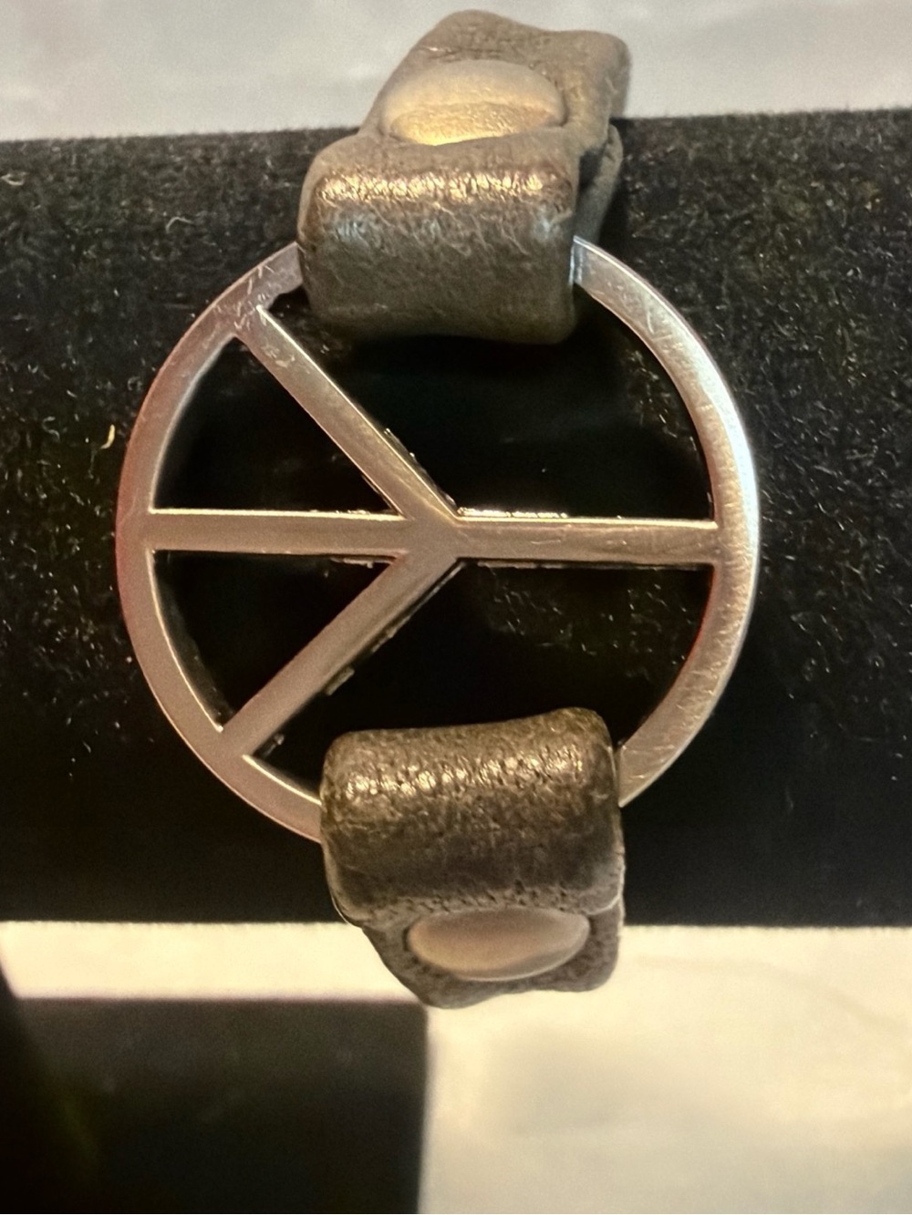 Source Unknown Gray Leather Bracelet with Silver Peace Medallion